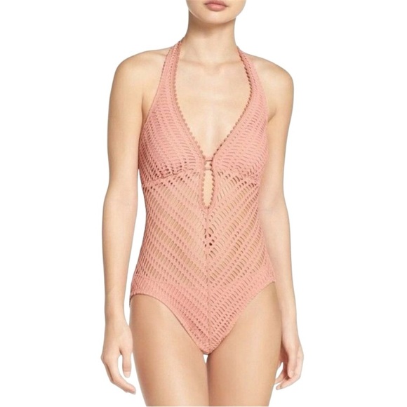 NWOT Robin Piccone Sophia Crochet One Piece Swimsuit In Pink Women’s Size 14 - Picture 1 of 6